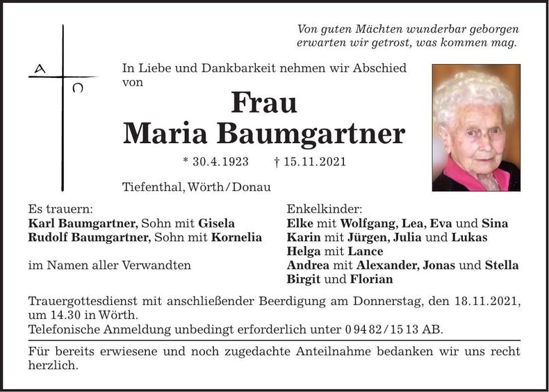 Traueranzeige Maria Baumgartner
