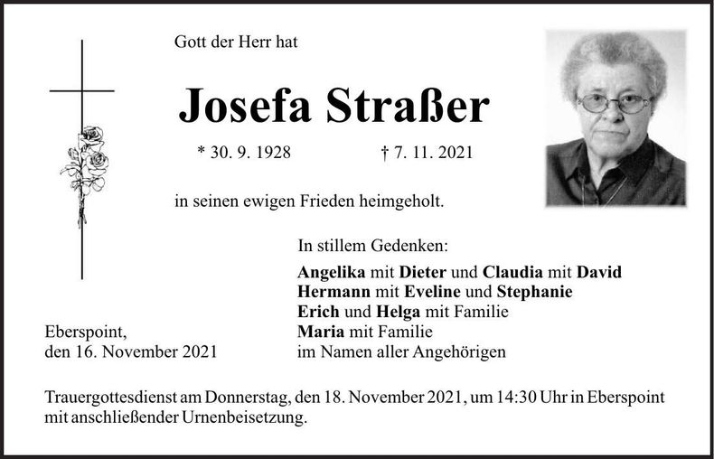 Traueranzeige Josefa Straßer