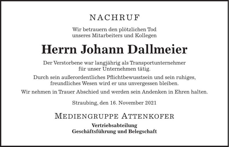 Traueranzeige Johann Dallmeier
