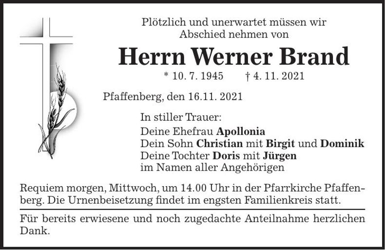 Traueranzeige Werner Brand