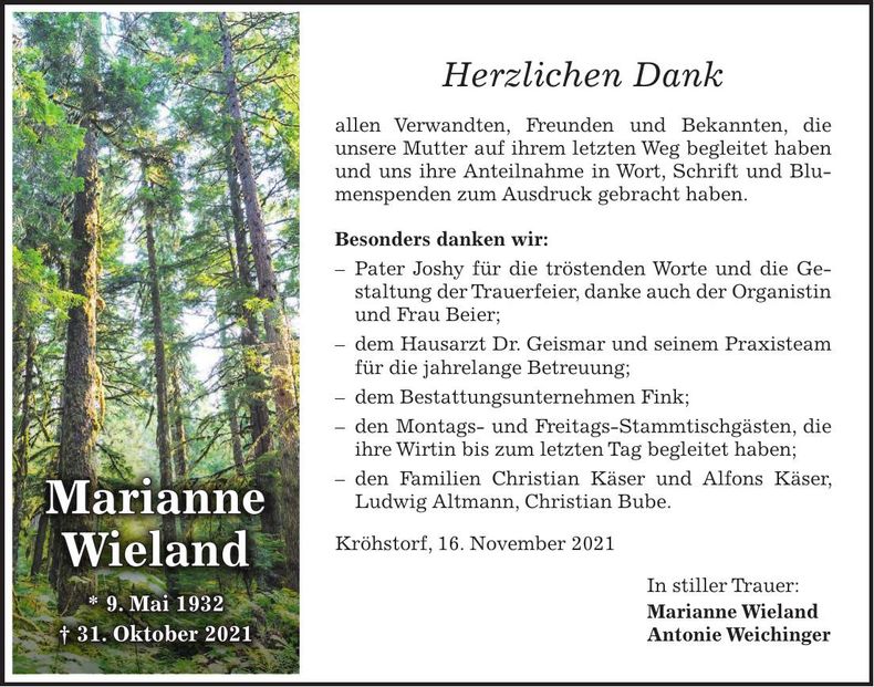 Traueranzeige Marianne Wieland