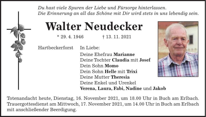 Traueranzeige Walter Neudecker