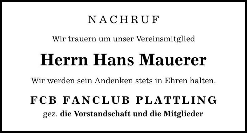 Traueranzeige Hans Mauerer