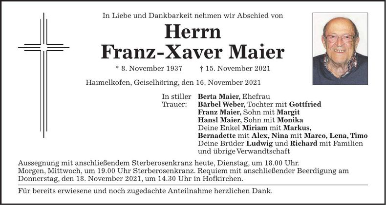 Traueranzeige Franz Xaver Maier