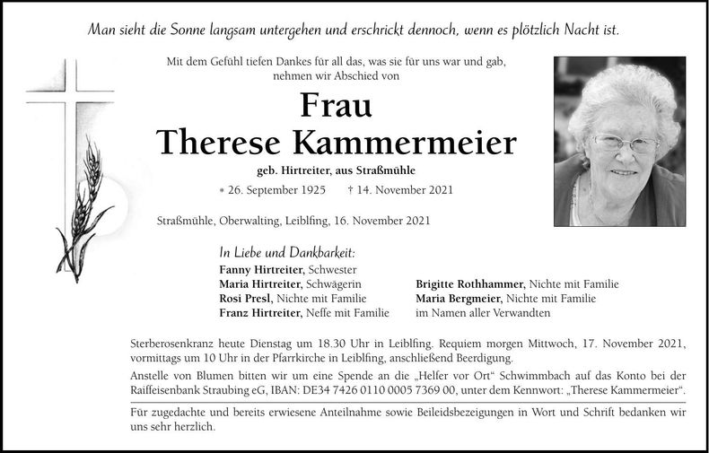 Traueranzeige Therese Kammermeier