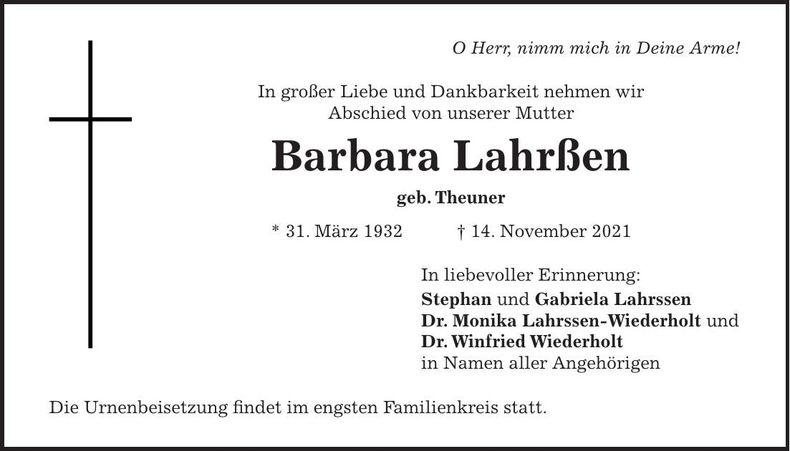 Traueranzeige Barbara Lahrßen