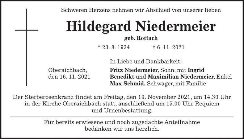 Traueranzeige Hildegard Niedermeier