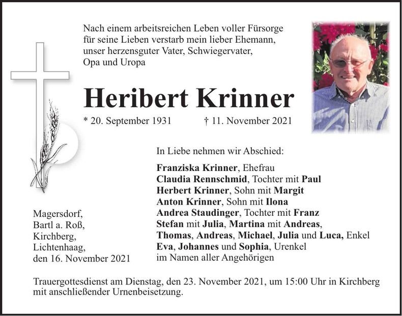 Traueranzeige Heribert Krinner
