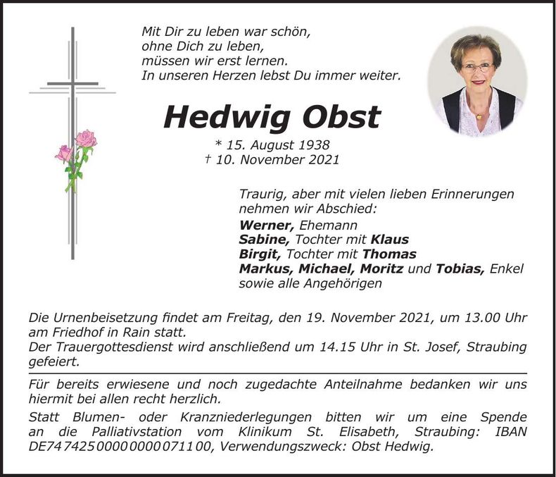 Traueranzeige Hedwig Obst