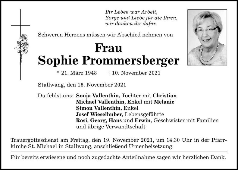 Traueranzeige Sophie Prommersberger