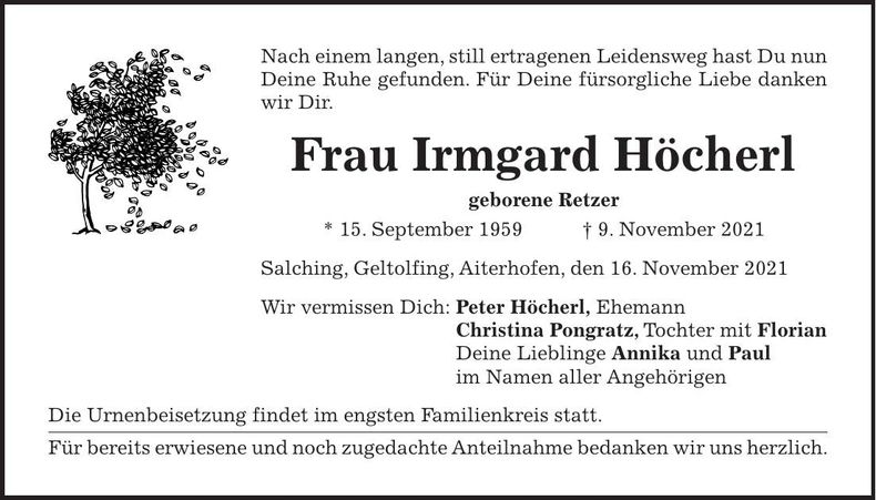 Traueranzeige Irmgard Höcherl