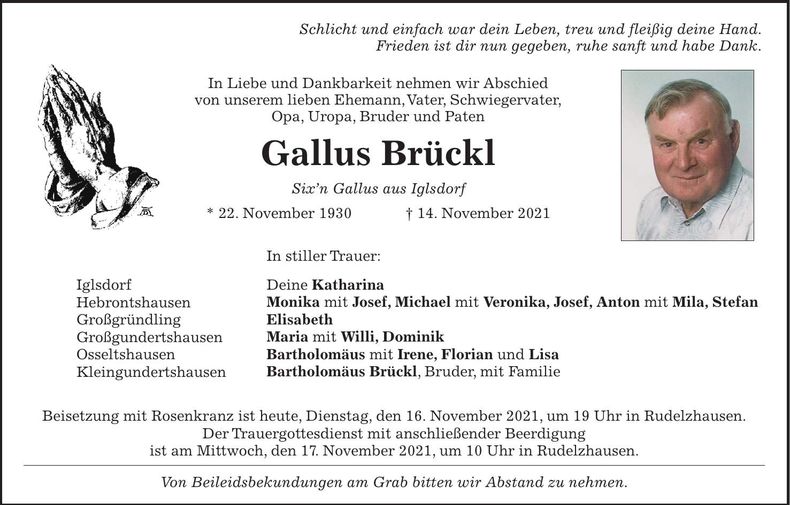 Traueranzeige Gallus Brückl
