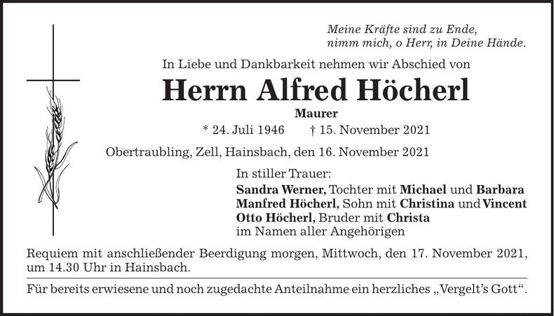 Traueranzeige Alfred Höcherl