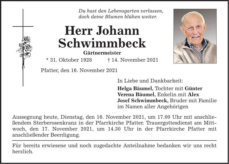 Traueranzeige Johann Schwimmbeck
