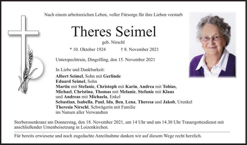 Traueranzeige Theres Seimel