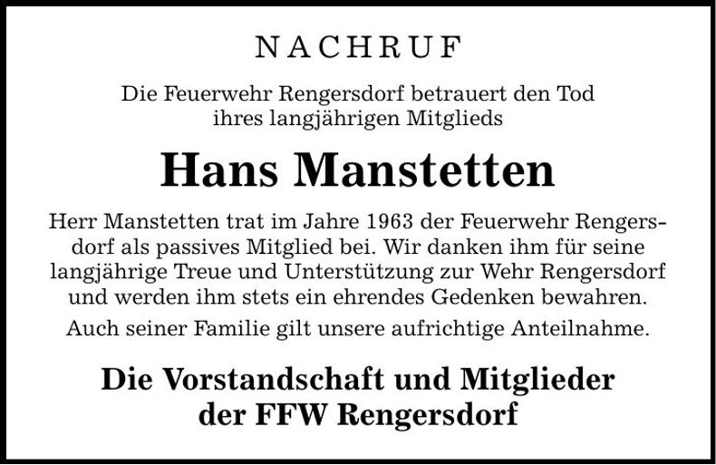 Traueranzeige Hans Manstetten