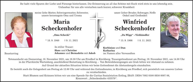 Traueranzeige Maria & Winfried Scheckenhofer