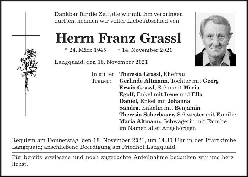 Traueranzeige Franz Grassl