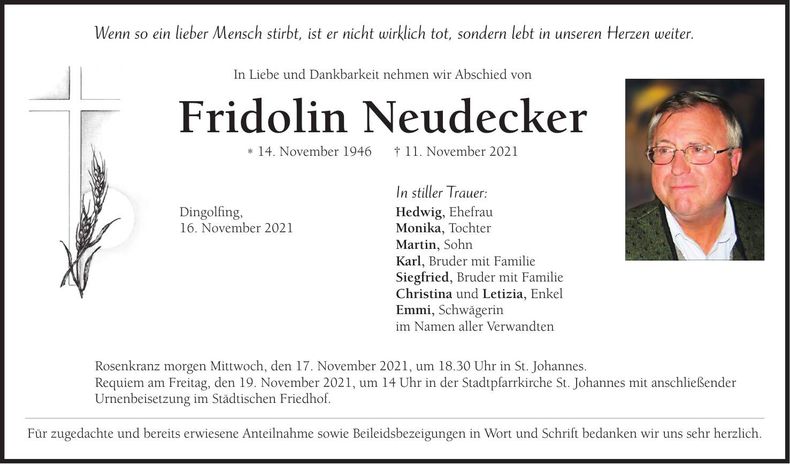 Traueranzeige Fridolin Neudecker