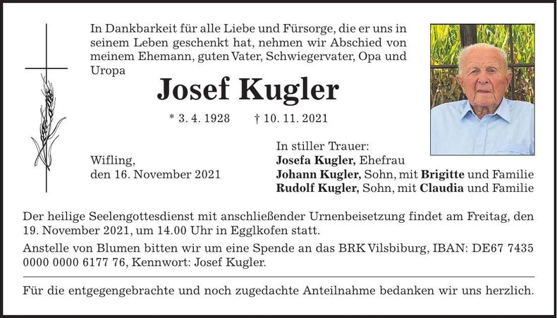 Traueranzeige Josef Kugler