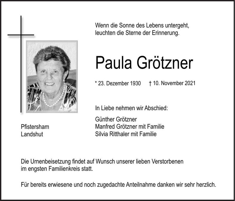 Traueranzeige Paula Grötzner
