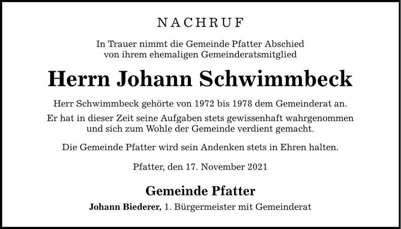 Traueranzeige Johann Schwimmbeck