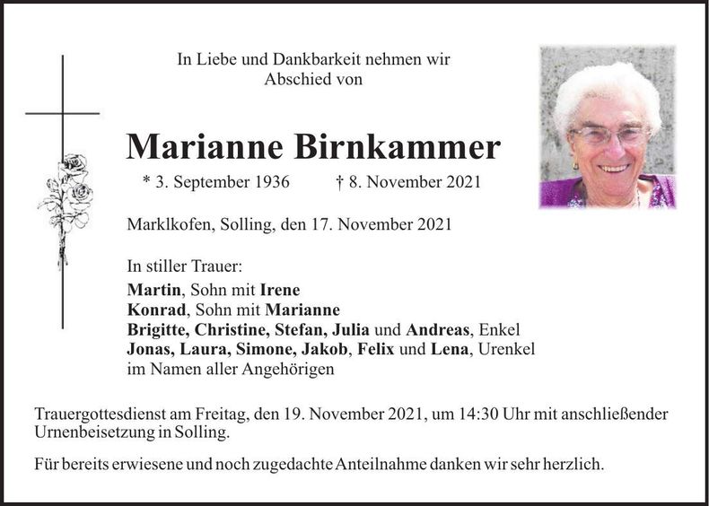 Traueranzeige Marianne Birnkammer