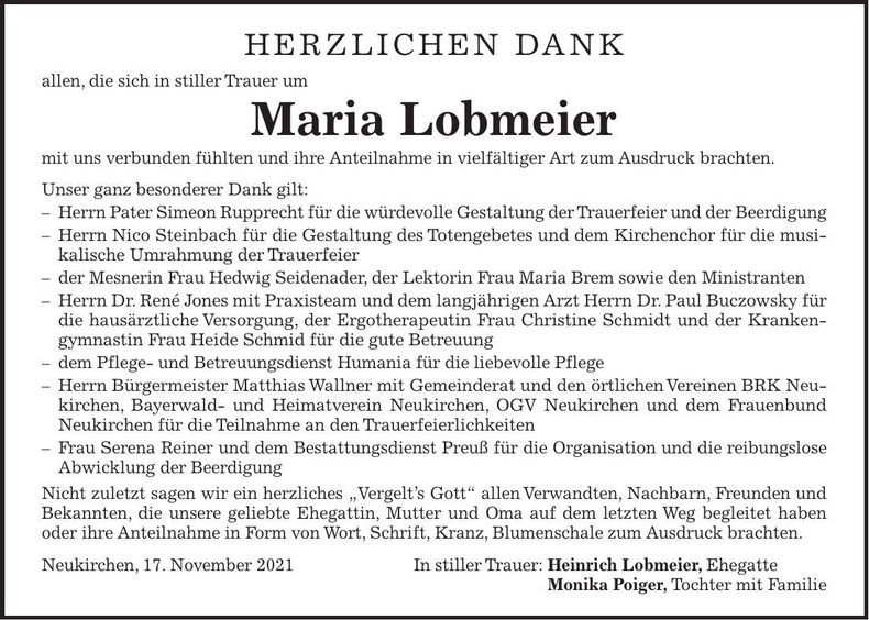 Traueranzeige Maria Lobmeier