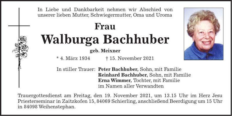 Traueranzeige Walburga Bachhuber