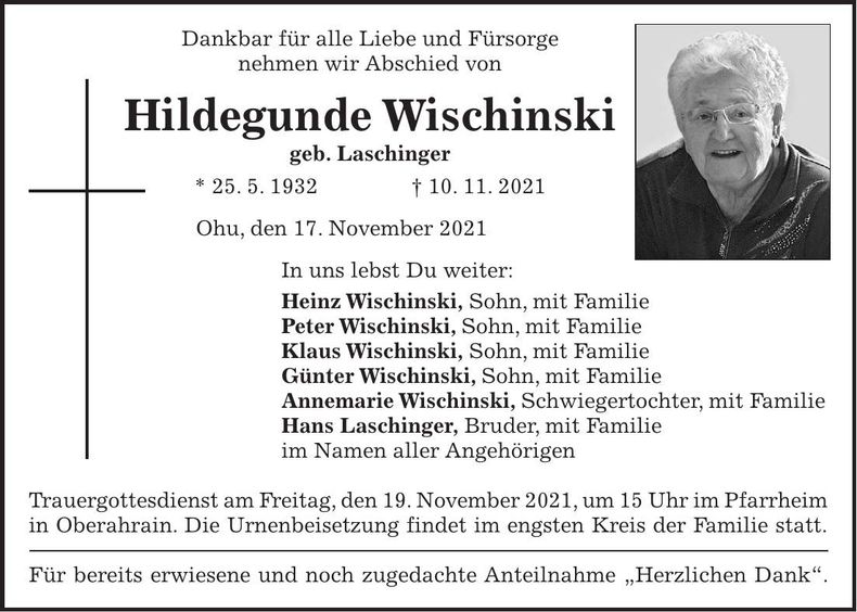 Traueranzeige Hildegunde Wischinski
