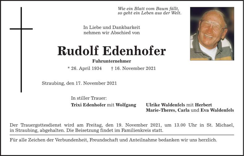 Traueranzeige Rudolf Edenhofer