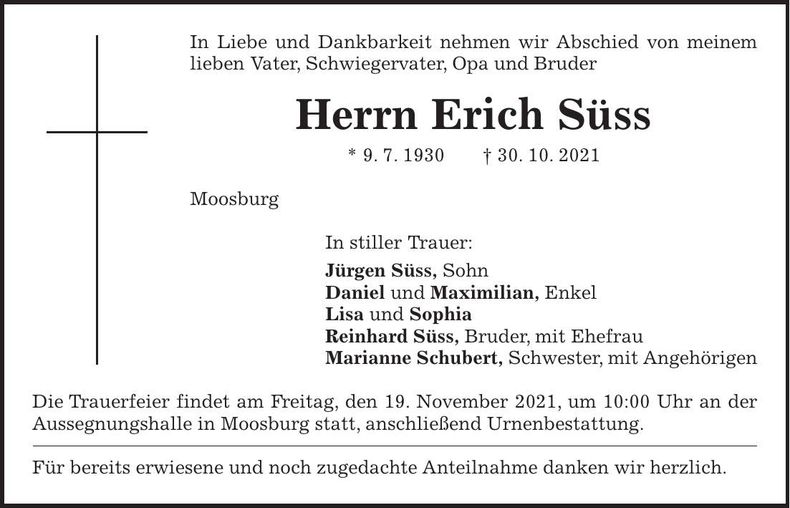 Traueranzeige Erich Süss