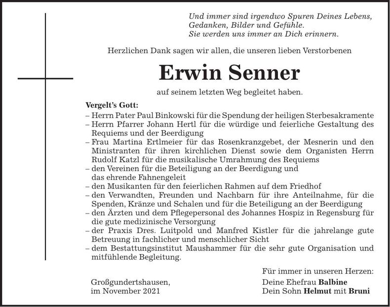 Traueranzeige Erwin Senner