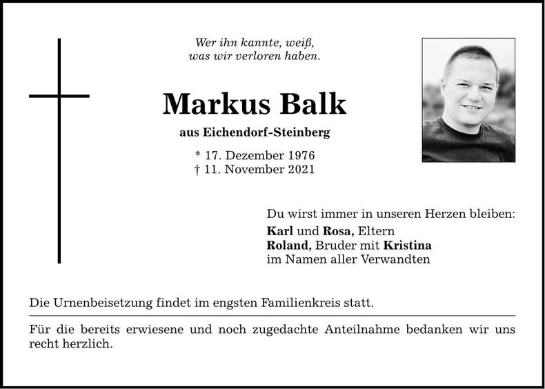 Traueranzeige Markus Balk