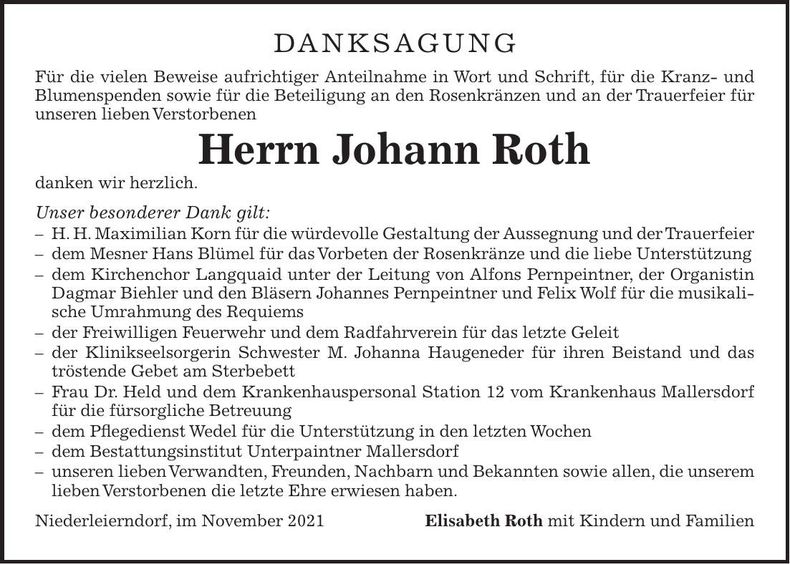 Traueranzeige Johann Roth