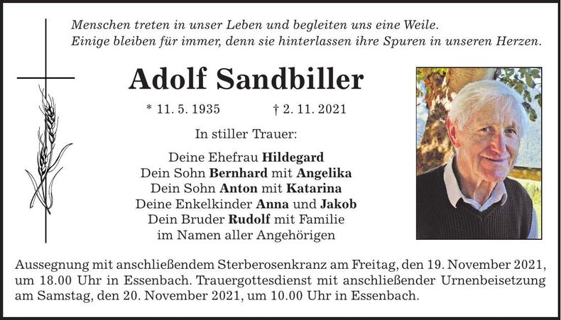 Traueranzeige Adolf Sandbiller