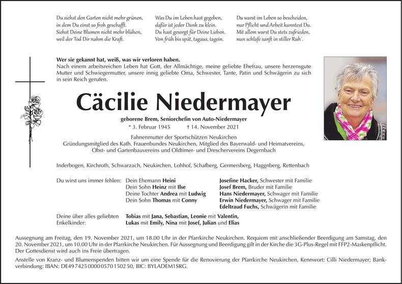 Traueranzeige Cäcilie Niedermayer