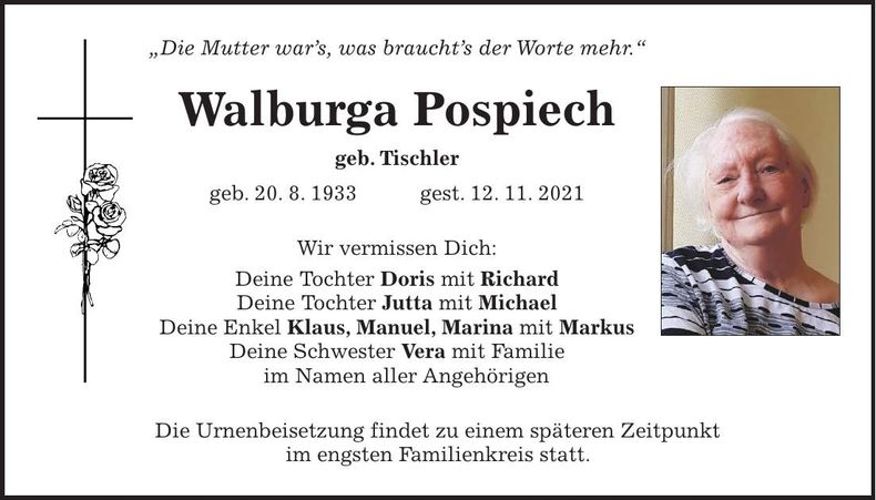 Traueranzeige Walburga Pospiech