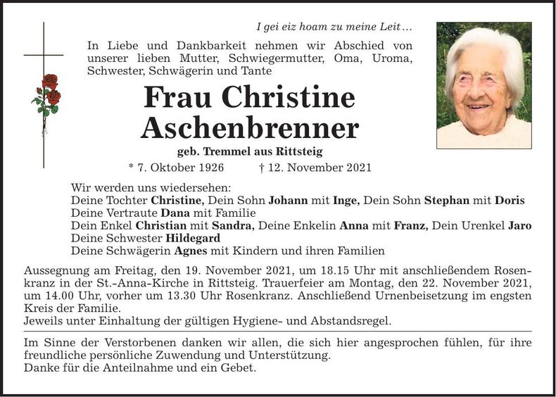 Traueranzeige Christina Aschenbrenner