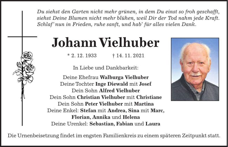 Traueranzeige Johann Vielhuber