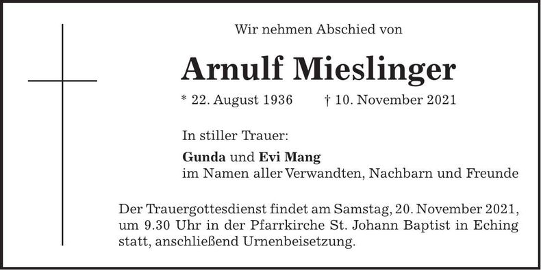 Traueranzeige Arnulf Mieslinger
