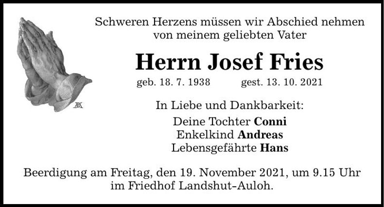 Traueranzeige Josef Fries