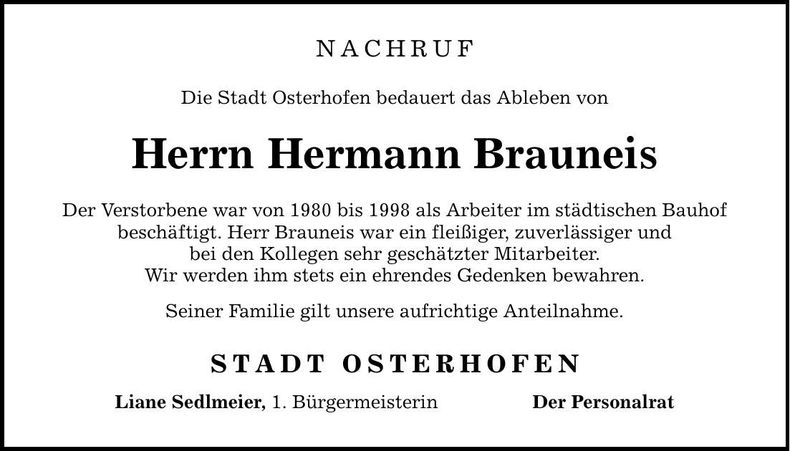 Traueranzeige Hermann Brauneis