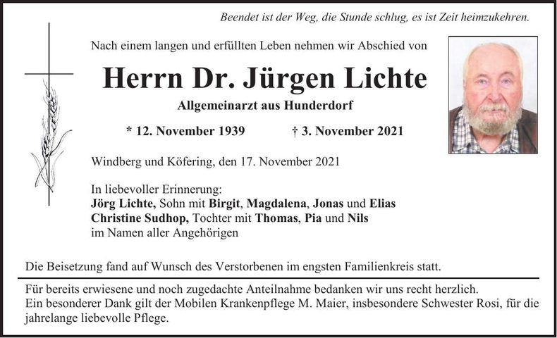Traueranzeige Jürgen Dr. Lichte