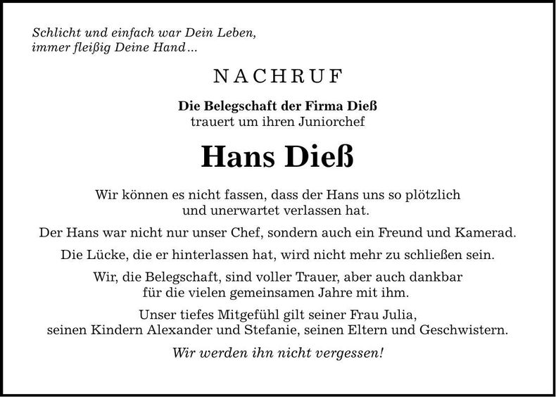 Traueranzeige Hans Dieß