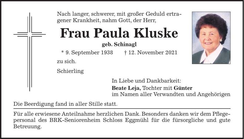 Traueranzeige Paula Kluske