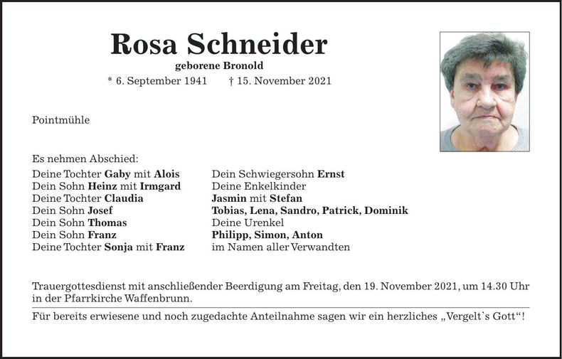 Traueranzeige Rosa Schneider