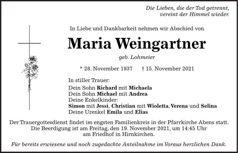 Traueranzeige Maria Weingartner