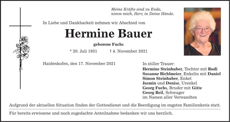 Traueranzeige Hermine Bauer