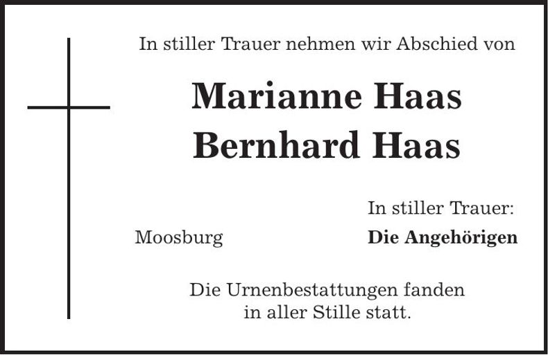 Traueranzeige Marianne und Bernhard Haas